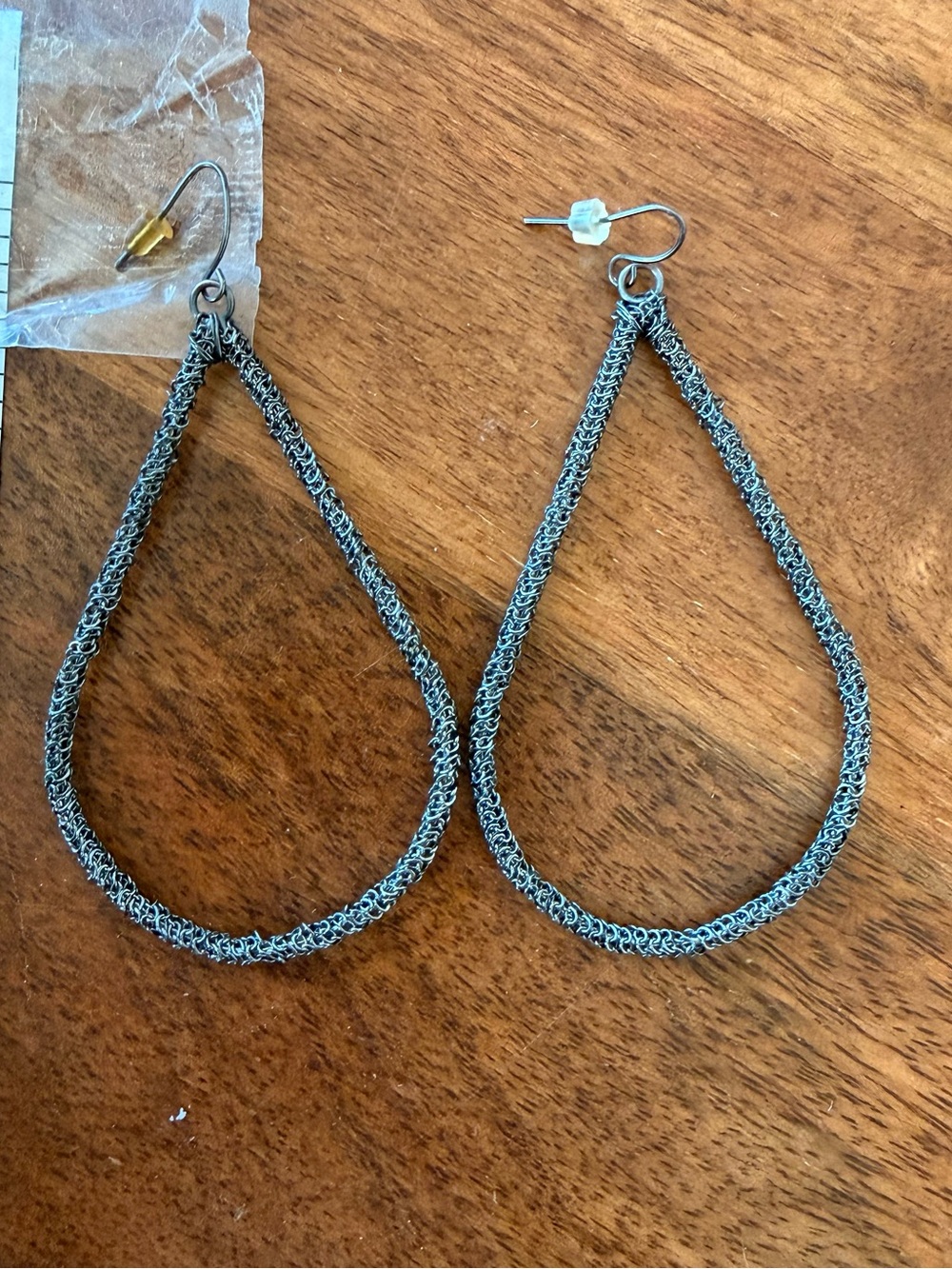 Wire Woven Teardrop Hoop Earrings - Black Silver Finish